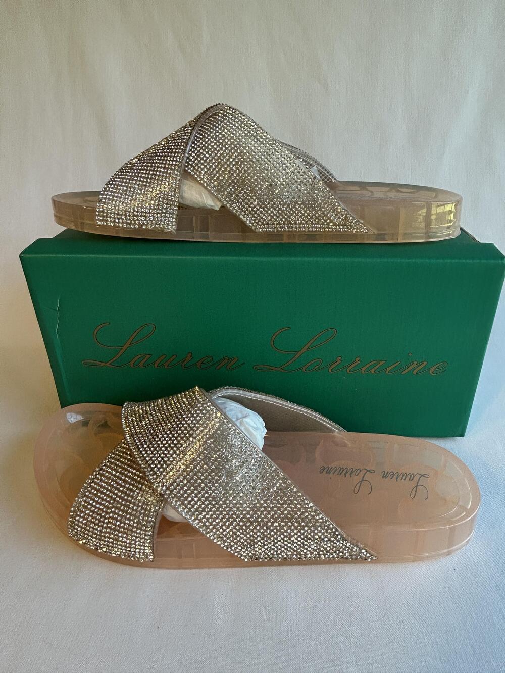 Lauren Lorraine Shoes Womens Large Jelly Rhinestone Nude Slide Sandals Crystal